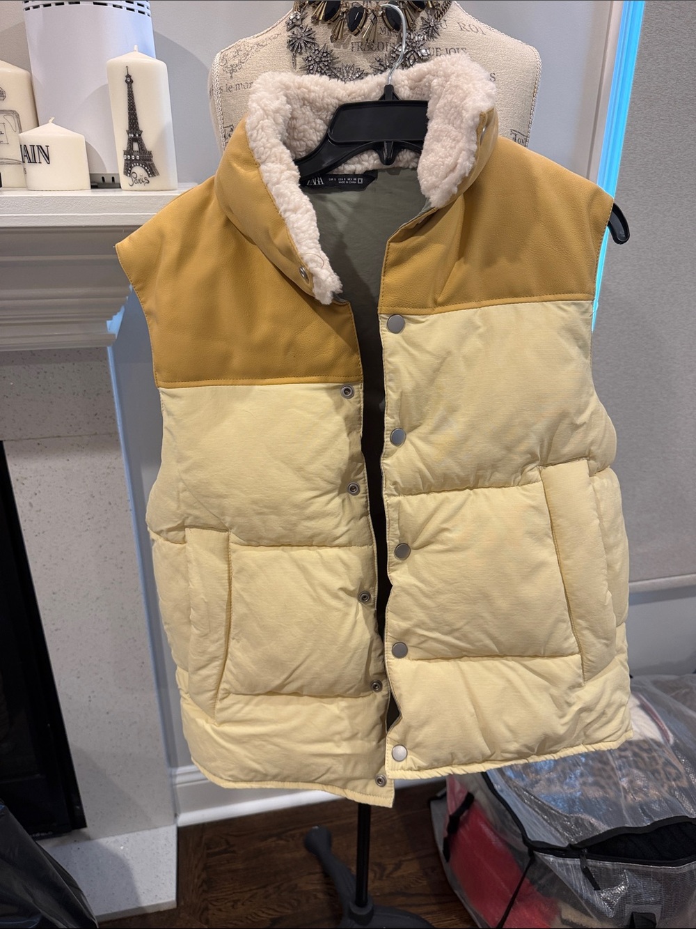 Zara Olive Green & Cream Sherpa-Lined Vest